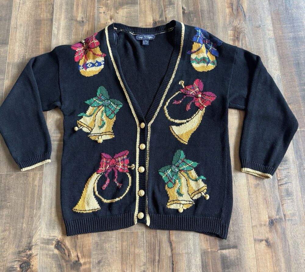 Vintage Maggie McNaughton Christmas Cardigan Sweater Bows Jingle Bells Women 3XL